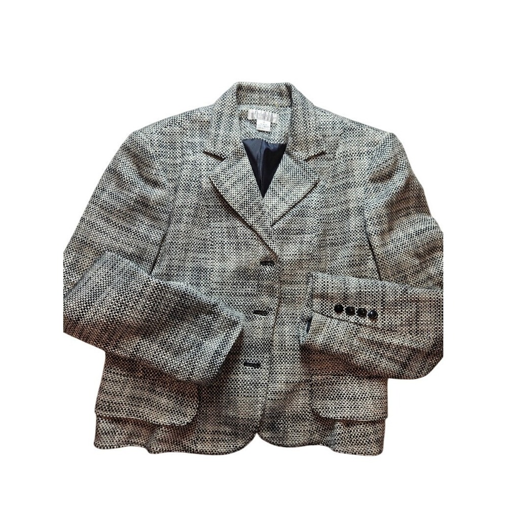 Worthington Womens Black White Tweed Ruffle Hem Blazer Jacket Size 16
